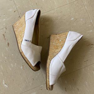 TOMS Stella Peep Toe White Cork Wedges